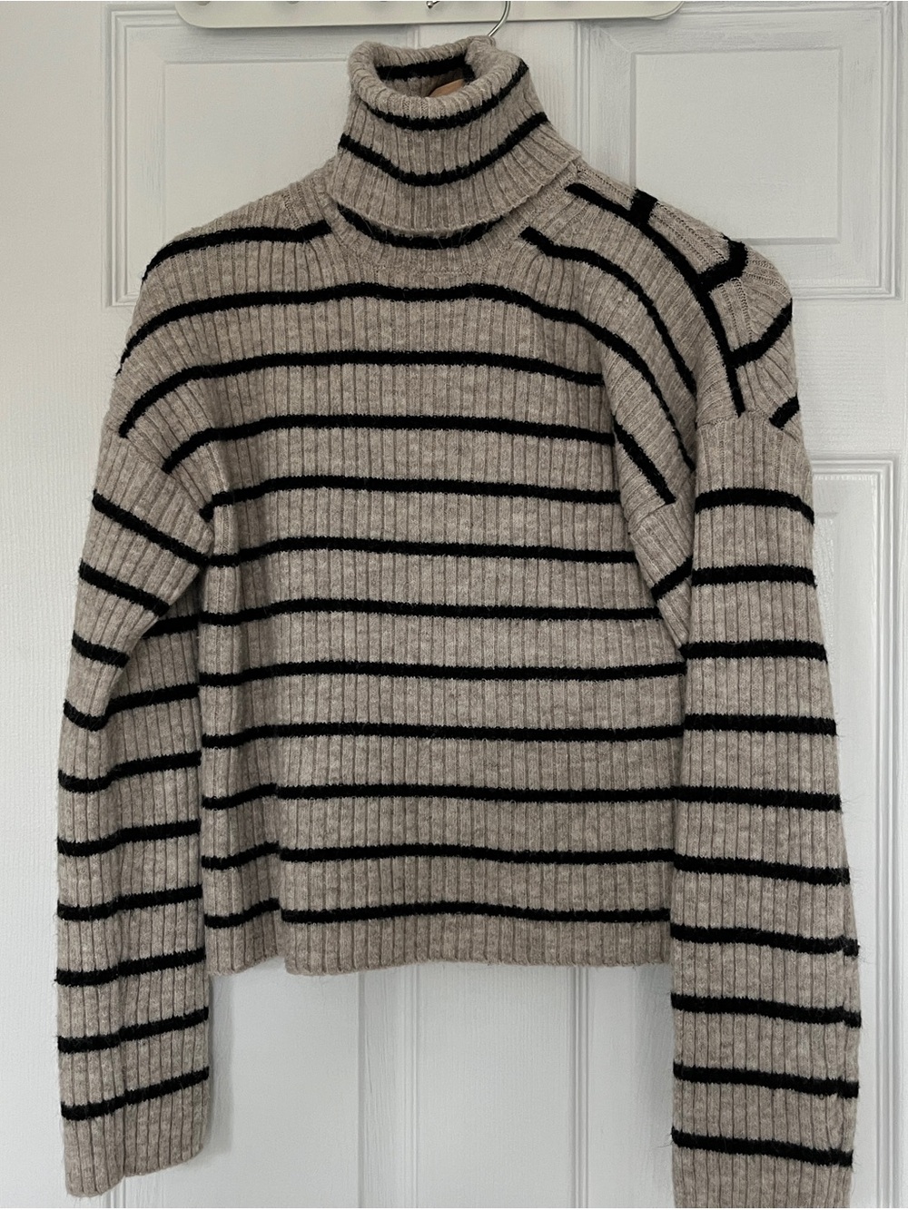 H&M Beige and Black Striped Turtleneck Sweater